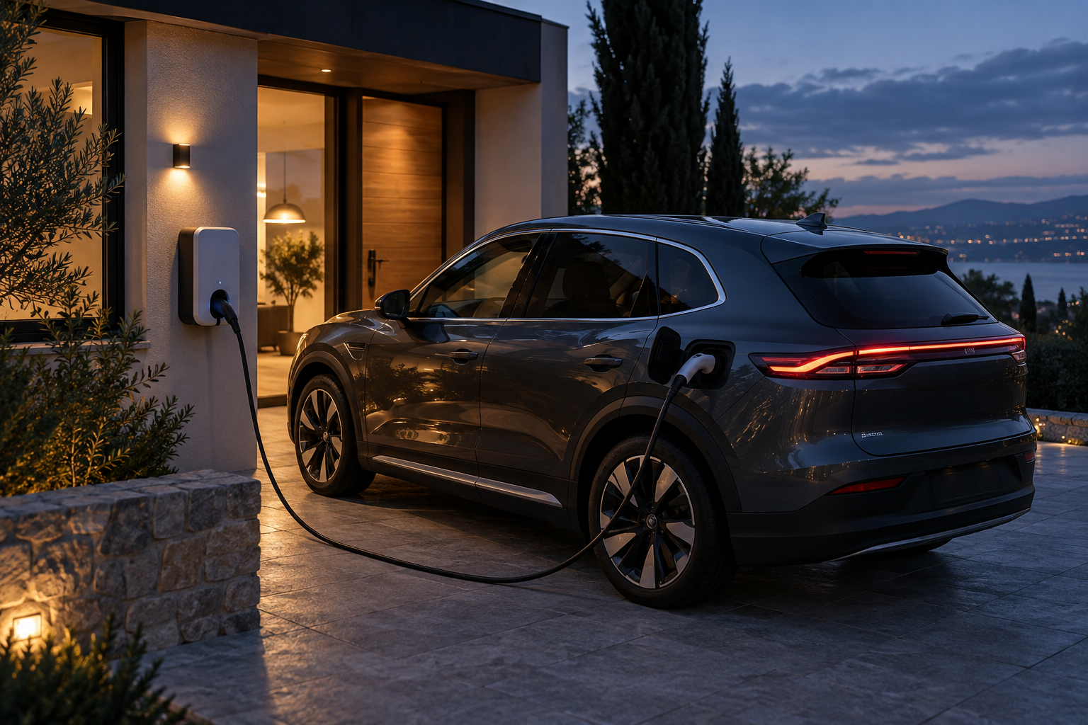 Modern bir evin önünde şarj edilen elektrikli araç; temsili tanıtım görseli